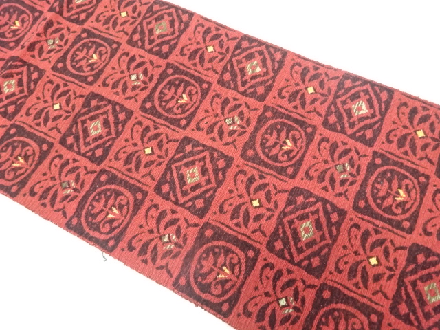 JAPANESE KIMONO / ANTIQUE NAGOYA OBI / SILK / WOVEN CHECKERED & ABSTRACT FLOWERS